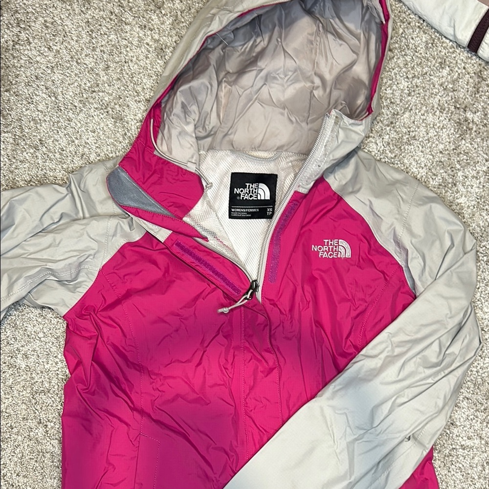 The North Face Pink and Gray Hooded Rain Jacket